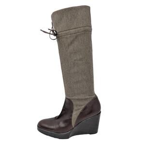 Vintage Robert Clergerie Brown Leather Wool Knee High Platform Wedge Boots 8.5